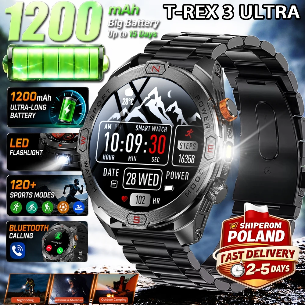 Nouvelle montre intelligente militaire 2026 avec batterie de 1200 mAh, surveillance de la santé pour hommes, lampe de poche LED, boussole, montres de sport d'extérieur, étanche IP68, appel Bluetooth, disponible pour livraison locale en Pologne.