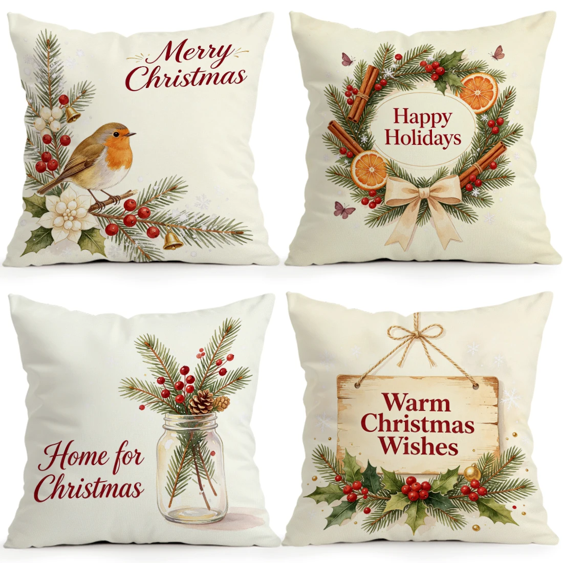 Vintage Christmas Card Pillowcase Printed Polyester 40/45/50cm Throw Pillowcover Decorative Sofa Cushion Pillowslip Home Decor