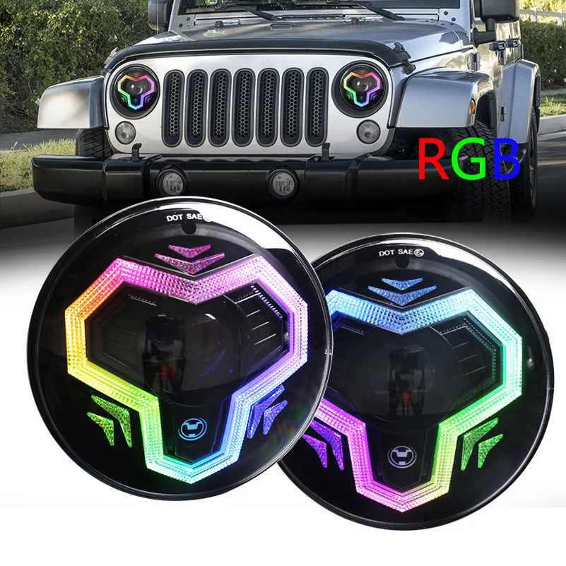2x 7inch LED Headlights RGB Flowing Light bluetooth APP Controll Hi-Low Beam with Halo for Jeep Wrangler JK TJ LJ 1997-2018