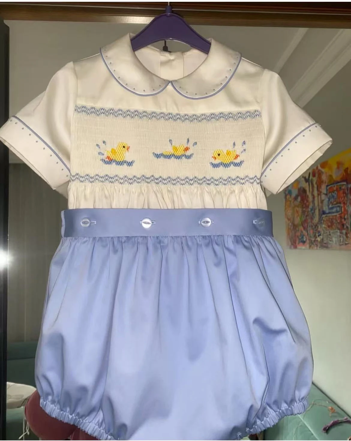 

0-6Y Boy Summer Yellow Ducks Handmade Embroidery Smocked Blue Outfit Suit for Party Birthday Holiday