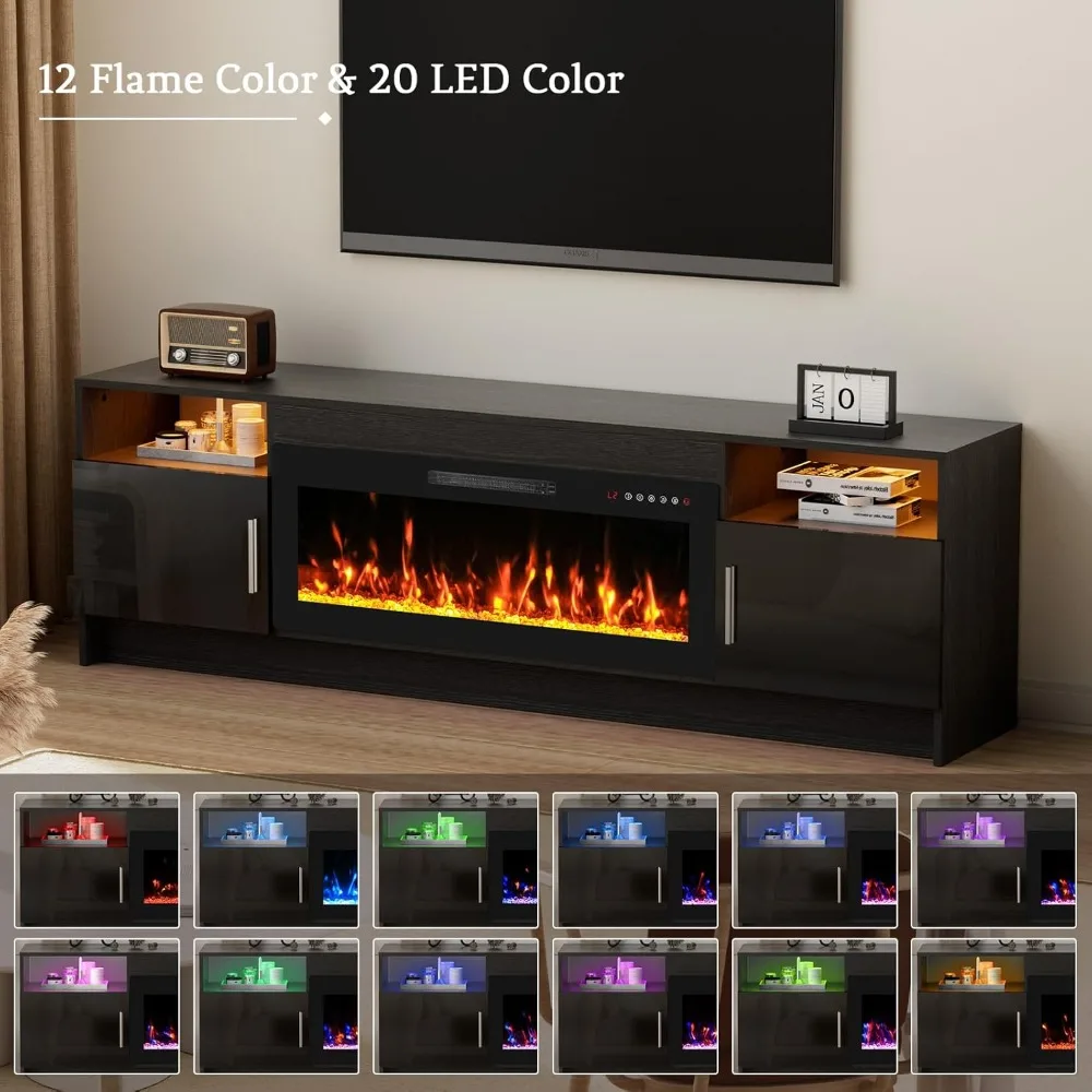 حامل تلفزيون أسود 70 مع مدفأة مدمجة لأجهزة التلفاز مقاس 75+ بوصة - مركز ترفيه مزود بمصابيح LED وتخزين وأبواب عالية اللمعان