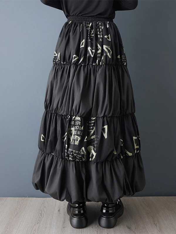 정통 캐주얼 루즈 스플라이스 케이크 스커트 패셔너블 부푼 플라워 버드 드레스 여성용 하이 웨이스트 기타 소재