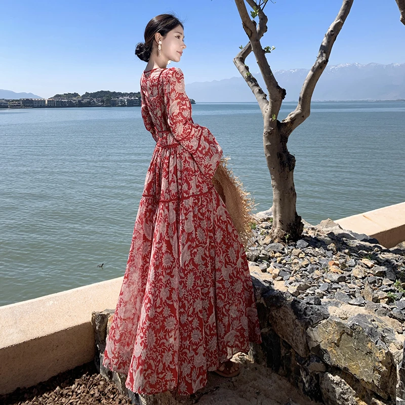 Retro rosso stampa floreale V-ne Dr vacanza da donna lanterna che attenta la vita Sve Long Dr Yunnan Prairie etnico Sle