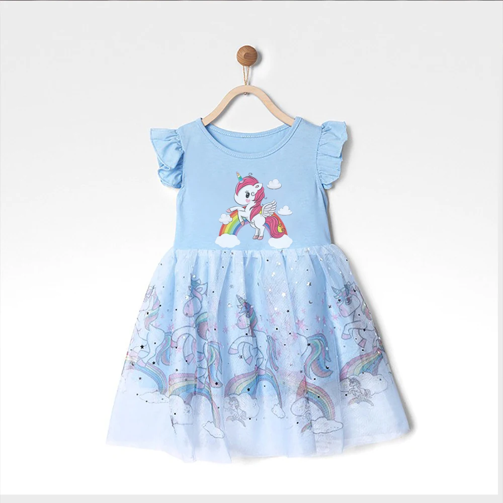 

2025 New Girls Dress Summer Kids Clothes Girls Fashion Dress Girl Unicorn Print Dress Round Neck Short Sleeve Party Casual Dress