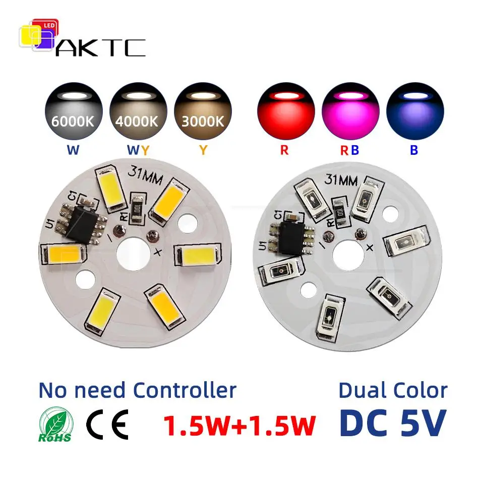 5 Pcs LED Round Light Board On/Off Control No need Controller SMD5730 White+Warm or Red+Blue 3-Color Changing Lamp Panel 5V 3W