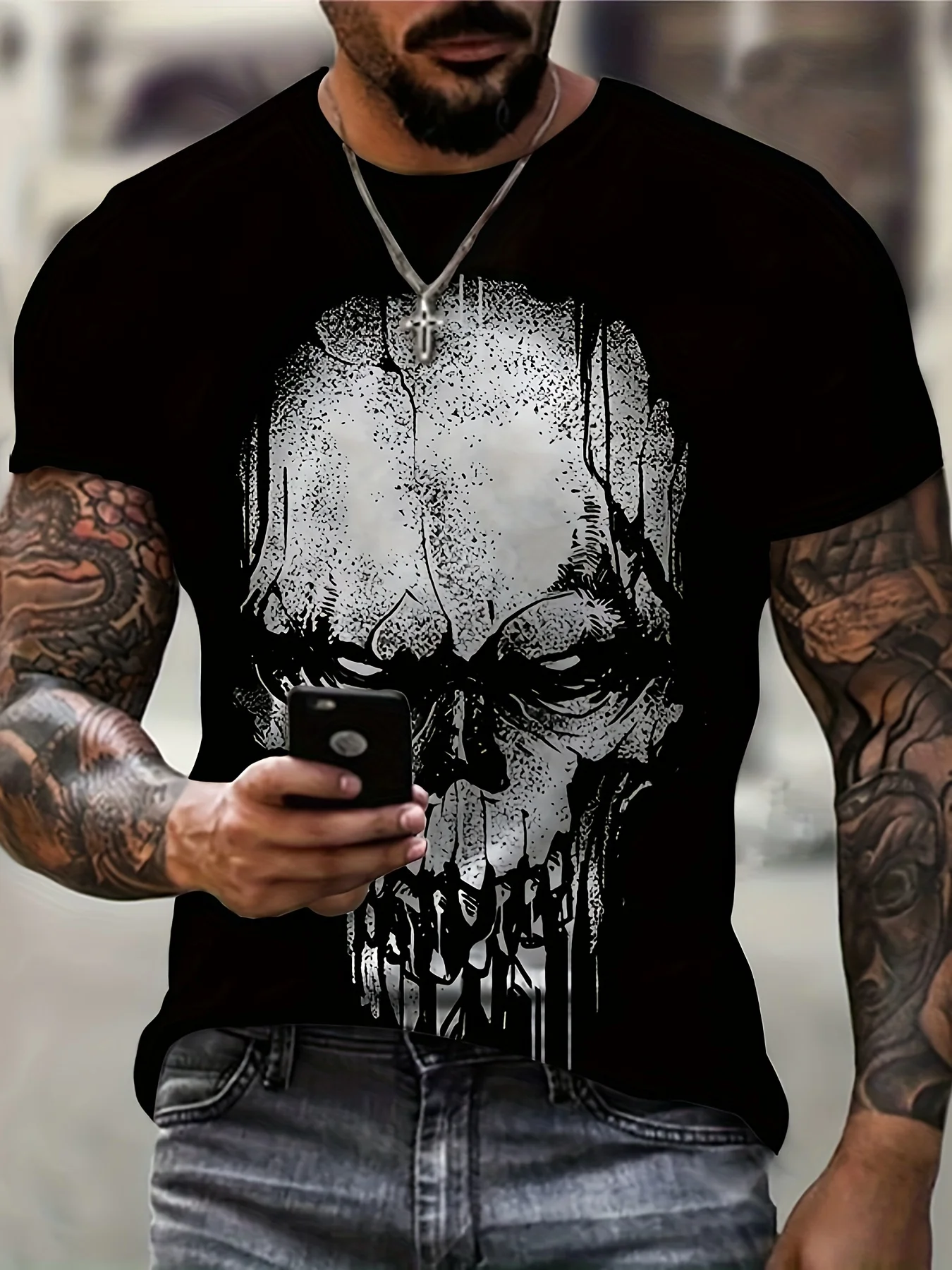 

2024 new Black T-shirt big skull printed men short sleeve