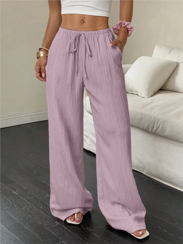 Summer New Women's Casual Solid Texture Fabric Waist Belted Side Pocket Wide Leg Pants Fashion Loose Elegant Female Trousers