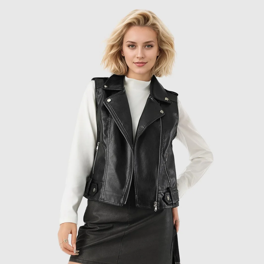 

Women Vintage Solid Color Motorcycle Vest Zipper Pocket Leather Jacket Sleeveless Riding Biker Outerwear Coat