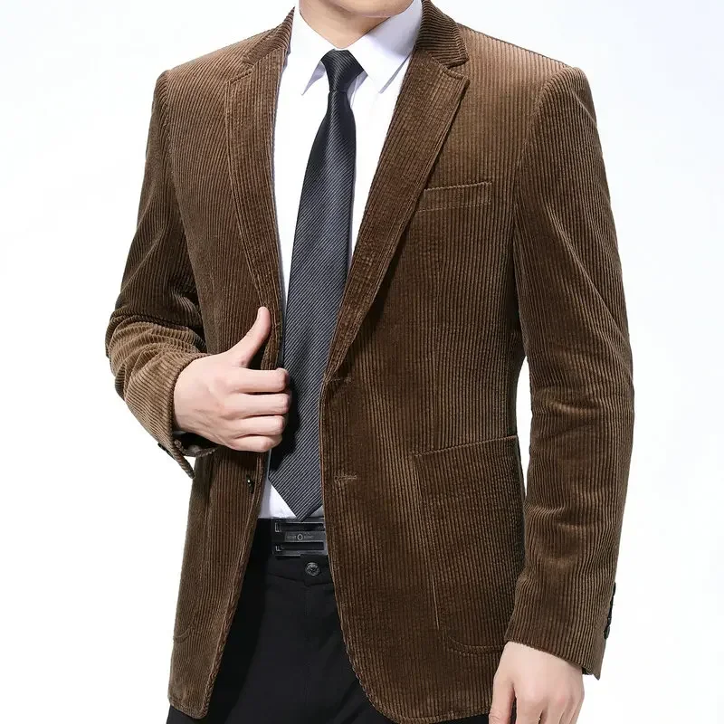 Elegant Men's Blazer Corduroy Suit Jacket for Spring and Autumn Navy Blue Camel and Dark Brown Daily Outfits 2023