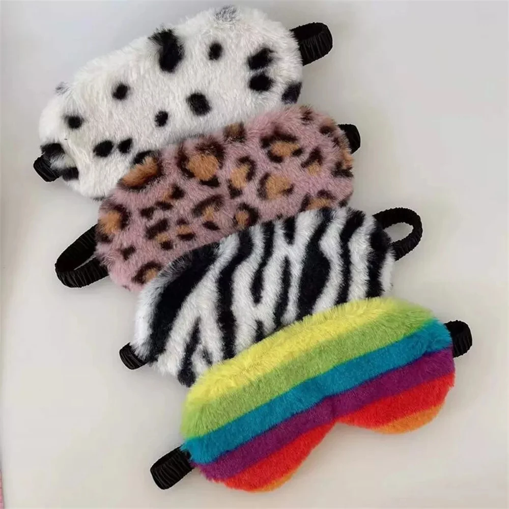 Plush Sleeping Eye Mask Colorful Leopard Print Rainbow Plush Eye Mask Lightproof Night Dream Sleep Eye Patches 1PC Eye Covers