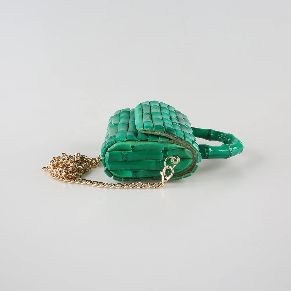 Nilerun Chain Unique Handmade Wood Rattan Straw Green Bamboo Root Handle Small Mini Handbag Messenger Shoulder Crossbody Bag