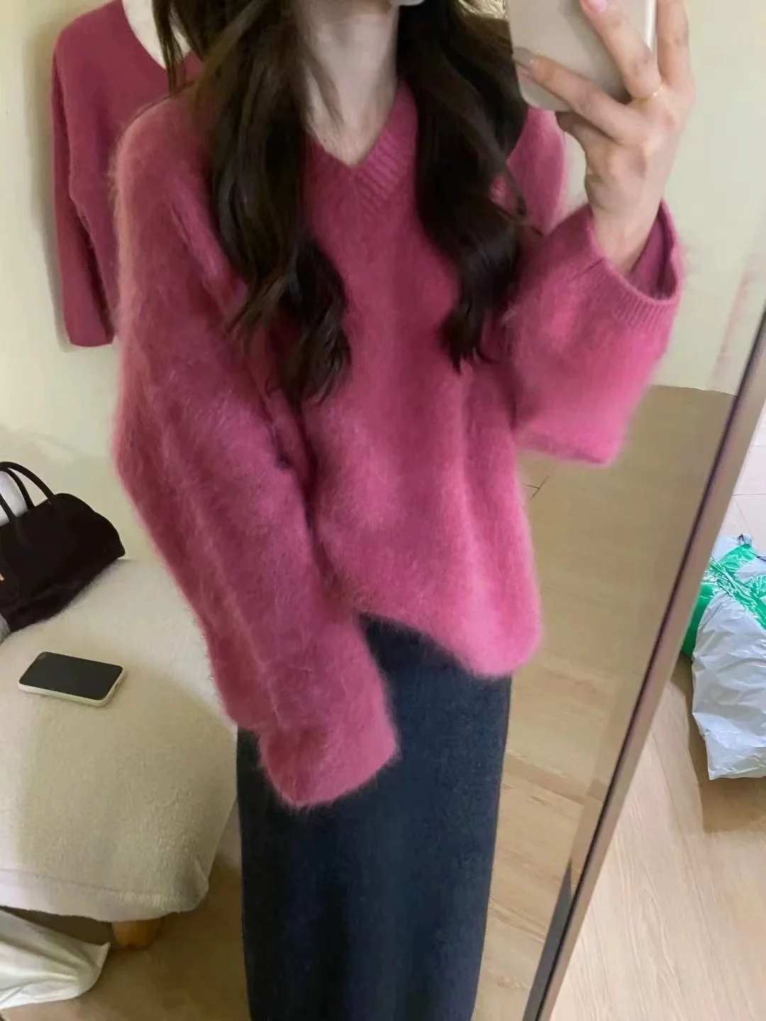 

Winter New Gentle Sweet 00 Wool Fce V-Ne Sweater Women's Overhead Knitted Crt Soft Long Sve Regular Length Pure Color
