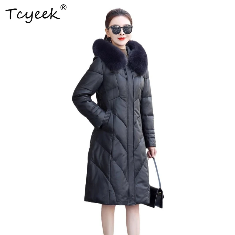 Tcyeek Vera pelle di pecora Piuma d'oca bianca Autunno Inverno Con cappuccio Nero Giacca in vera pelle da donna di media lunghezza Jaqueta Couro