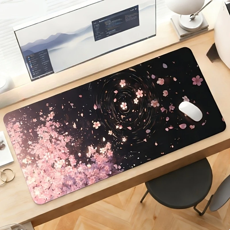 Dark Cherry Blossom Gaming Mouse Pad, Large Non-Slip Desk Mat with Sakura Petals & Water Ripple Print for Gamers