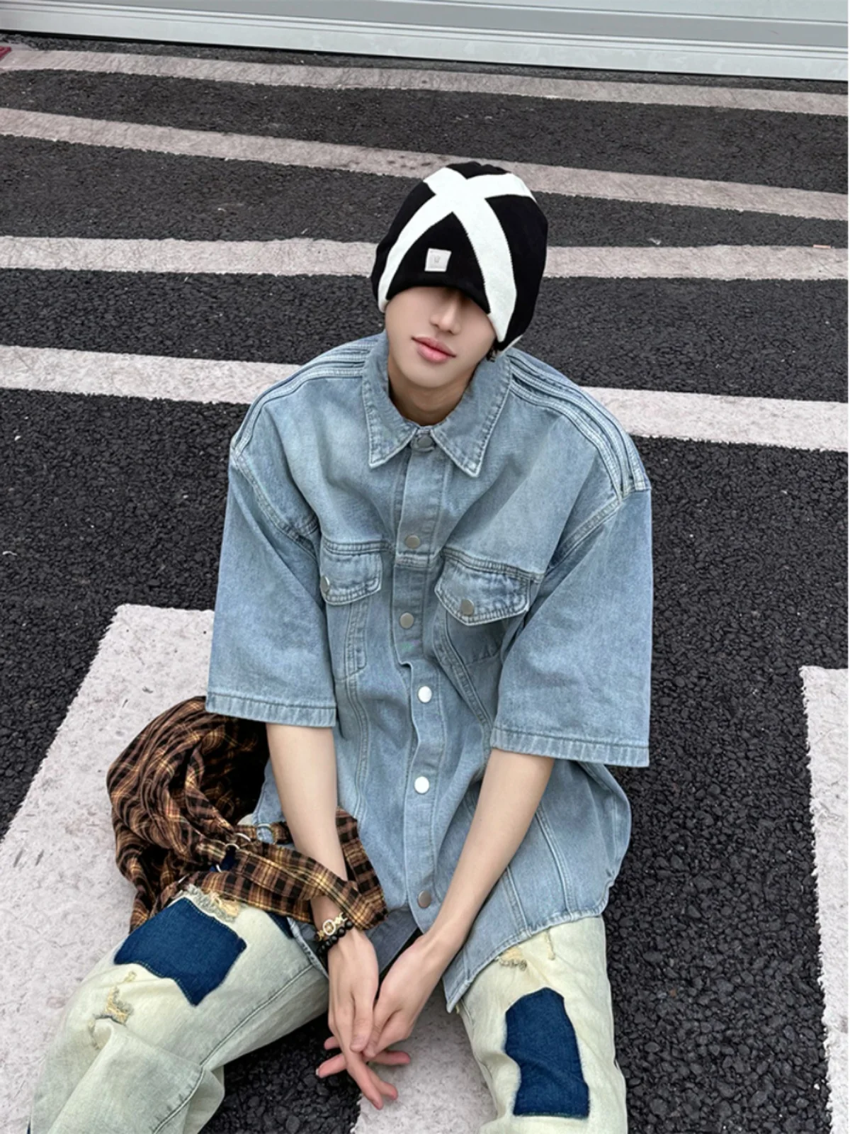 

Summer Men's Denim irt ort Sve Layerable Trendy Brand Oversized T-irt Jaet Youthful American Sle Regular Fit