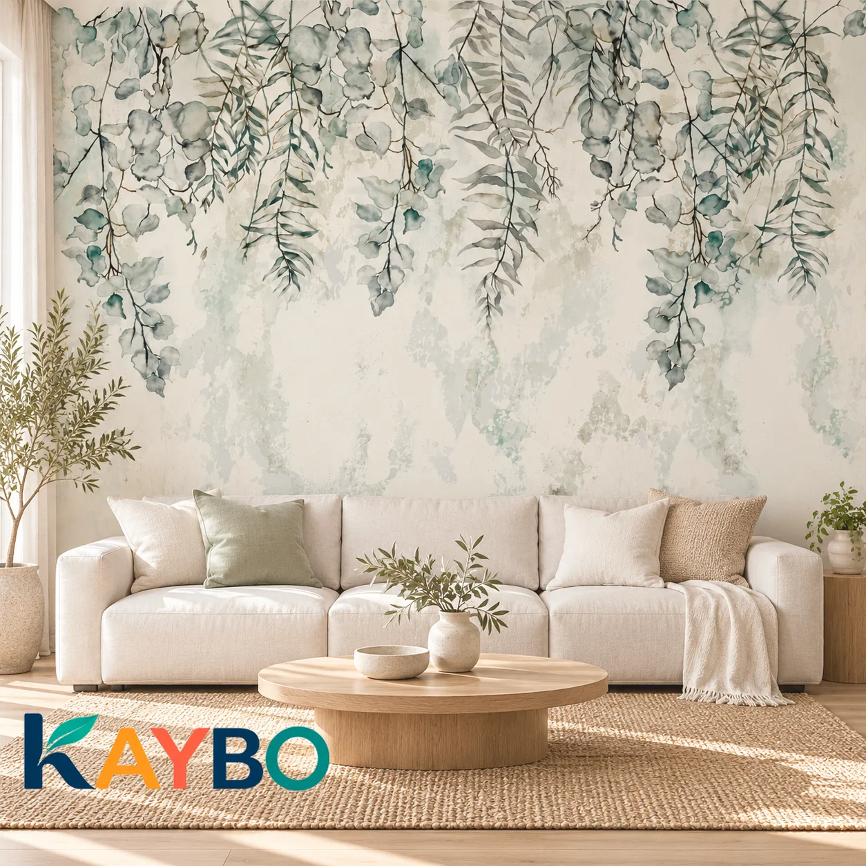 Botanical Wallpaper Mural Hanging Eucalyptus Leaves Watercolor Pale Sage Non Self Adhesive Living Room Bedroom Accent Wall Decor