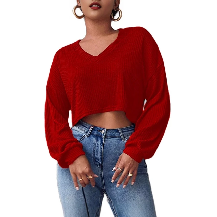 

Women's Fashionable V-neck Knit Top Long Sleeve Pure Color Belly-baring Sweater Casual Style Loose Fit Short Length