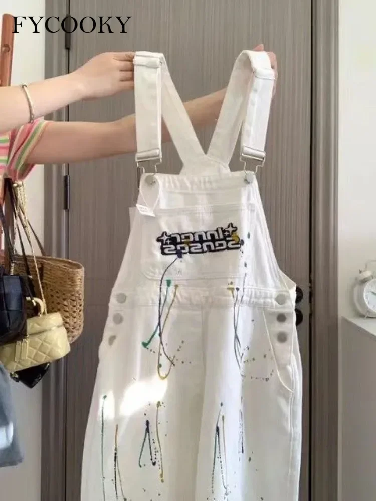 

New 2025 White Denim Overalls for Women with Korean Loose Jumpsuits Pants Baggy Overalls Female