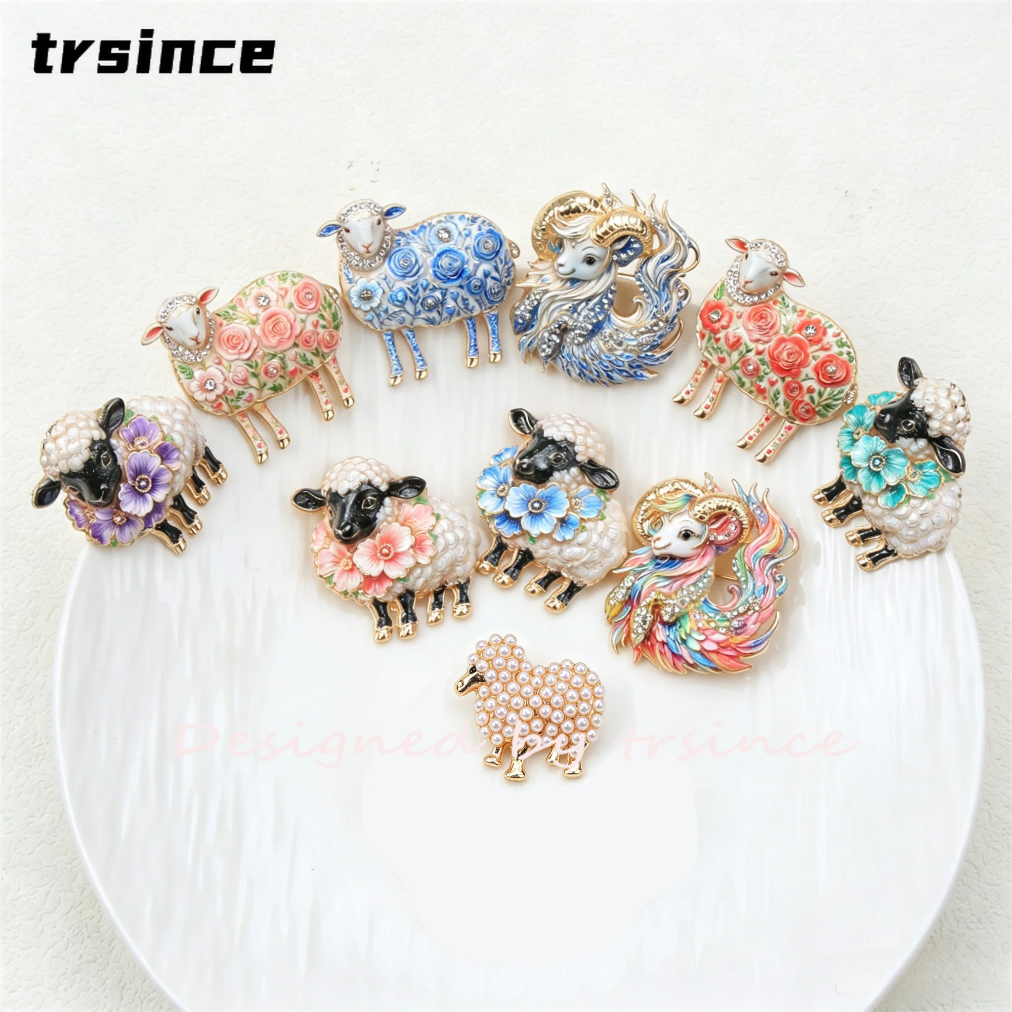 Luxury Enamel Sheep Goat Rhinestone Brooch Zodiac Animal Lapel Pin Women Jewelry Gift For Mother Birthday Valentine Wedding