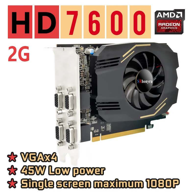 SRhonyra HD7600 Graphics Card 2GB GDDR5 4VGA Ports Multi-Monitor Display for Stock Trading Office Desktop PC Video Card