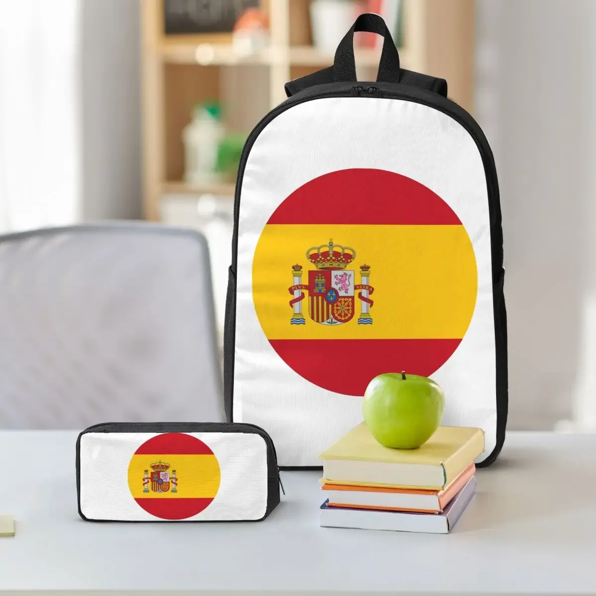 Spain Spanish Flag Round Backpack Student BookBag School Bag Shoulder Bags 3ps Insulated Lunch Bag Pencil Case