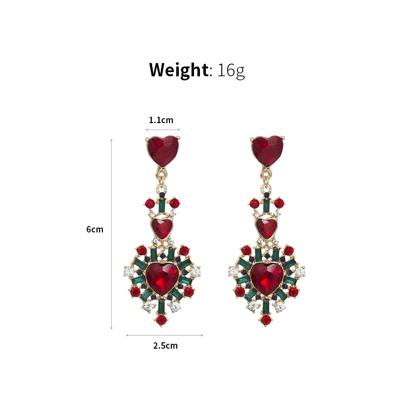 New Korean Red Full Crystal Rhinestone Love Heart Temperament Pendientes Drop Earrings for Women Trendy Jewelry 5A2032