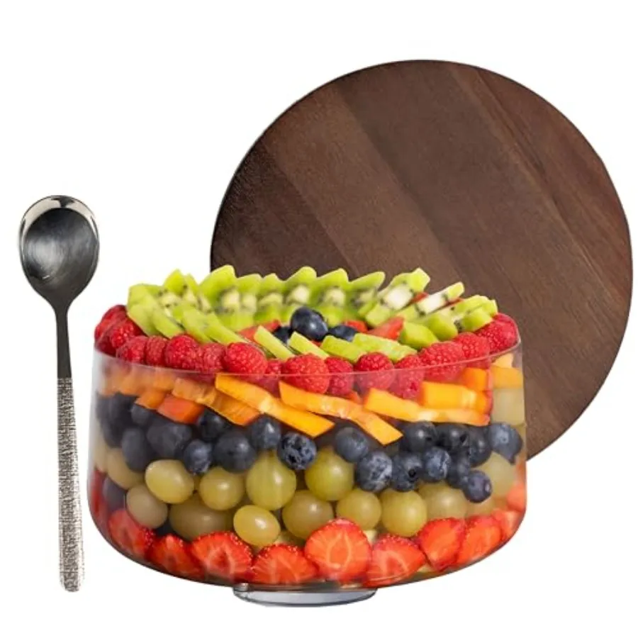

Large Trifle Bowl with Lid - Silver Serving Spoon and Acacia Wood Lid - Trifle Bowl Glass Glass Salad Dish With Pedestal - Truf