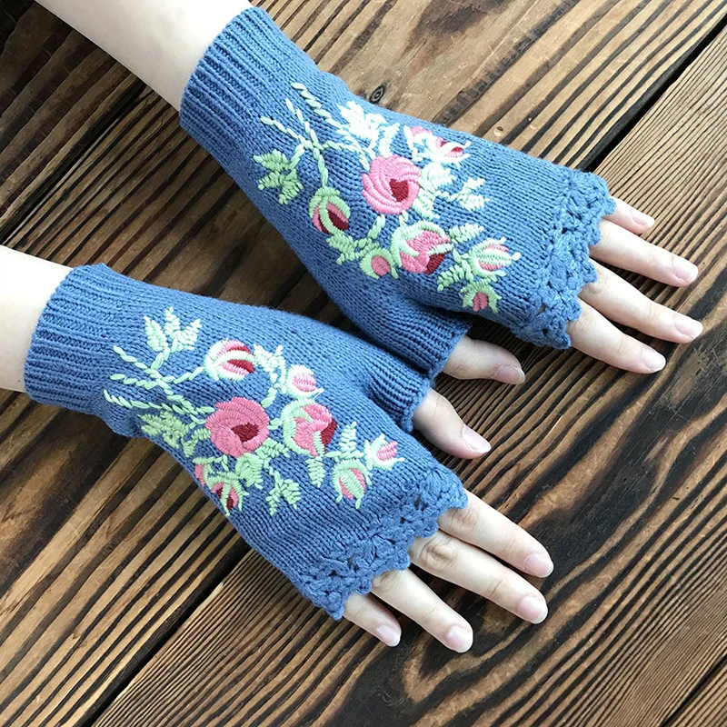 

3 Colors Flowers Embroidery Fingerless Knitted Gloves Warm Soft Handmade Crocheted Women Autumn Winter Outdoor Mittens