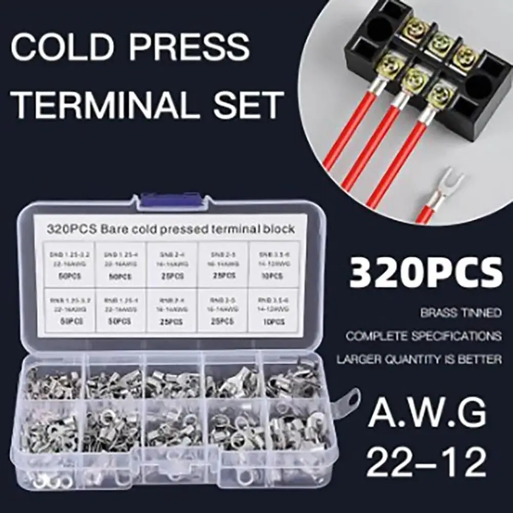 320Pcs 10 In 1 Cable Wire Connector Crimp Spade Fork U-type O-Ring Terminal Block Electrical Assortment Kit Brass Terminals