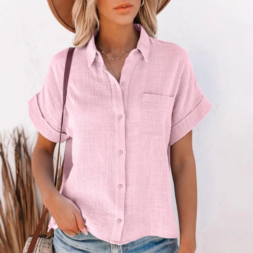 Women Top Solid Color Side Slit Summer Popular Thin Texture Loose Female Shirt Single Breasted Short-sleeved Ladies Shirts