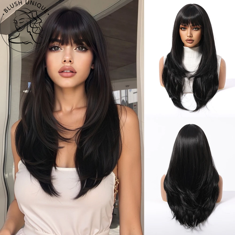 

Layered Cut Wig Wigs with Bangs Natural Black Straight Wigs For Women Synthetic Layered Heat Resistant Wig Glueless Wigs Cosplay