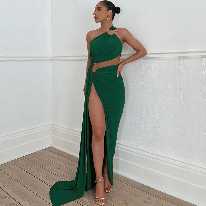 Fashionable Sexy Backless Party Dress With Neckband Hollowed Out Prom Gown Strapless High Waisted Slit Evening Robes