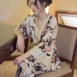 Women's Pajamas Sets Spring Autumn 2 Piece Print Kimono Pyjama Faux Silk Satin Sleepwear Long Sleeve Pijama Mujer Pjs Homewear