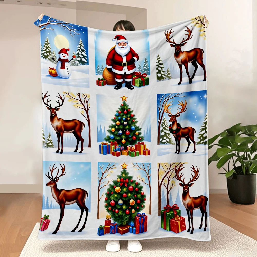 1PC Christmas Patchwork Themed Printed Blanket — Made of soft, fluffy flannel, perfect for a sofa or bed. Ideal for Christmas de