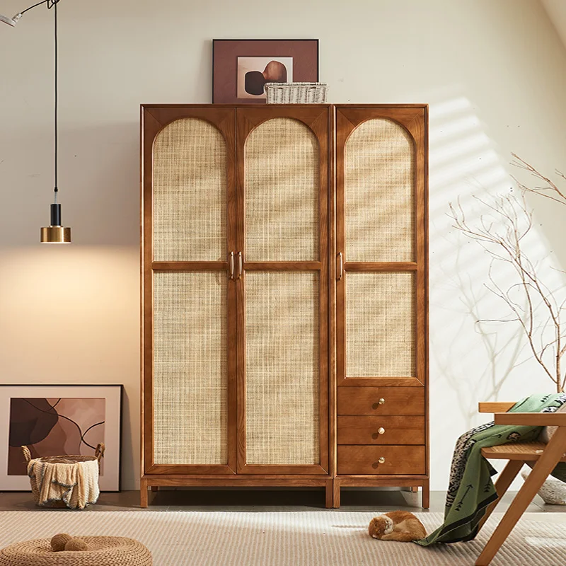 

Solid wood rattan wardrobe Japanese-style wabi **** retro style home bedroom locker small apartment storage combination large wa
