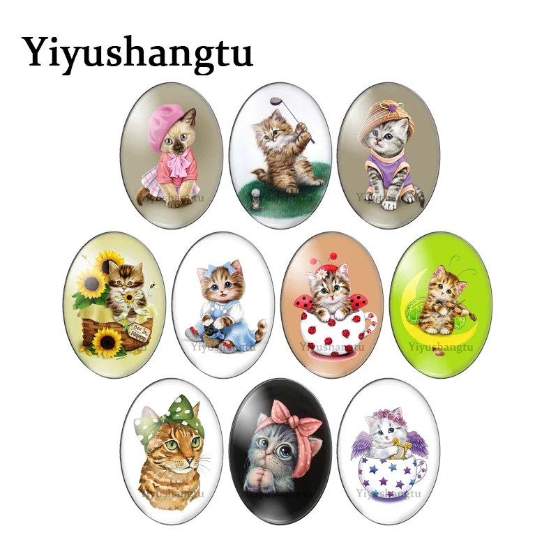 Fashion cartoon cute cat dress up 10pcs mixed 13x18mm/18x25mm/30x40mm Oval photo glass cabochon flat back Making findings