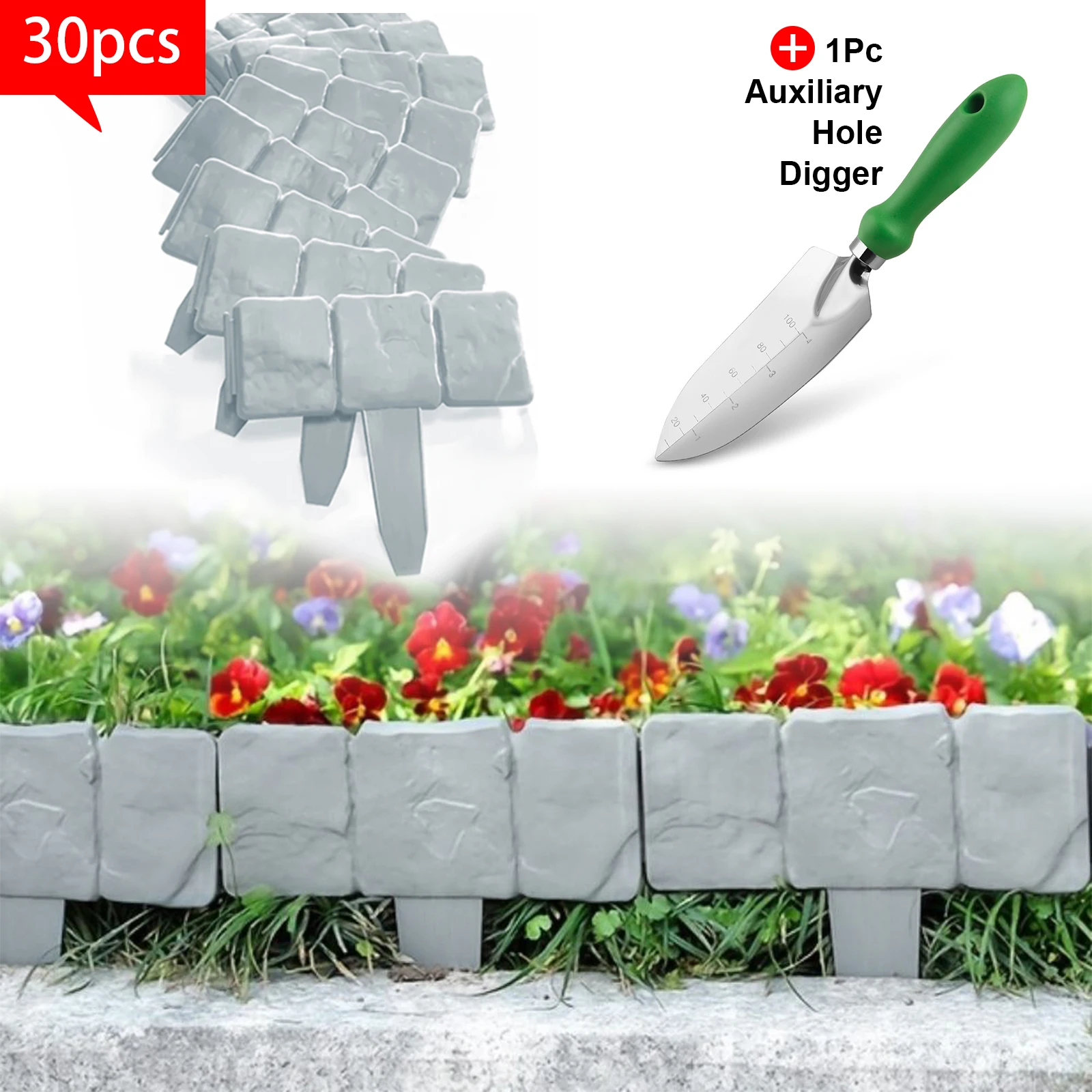 30Pcs Plastic Imitation Stone Fence&1Pc High-quality digging shovels,Lawn Edging Flower Bed Edging Imitation Stone Garden Fence