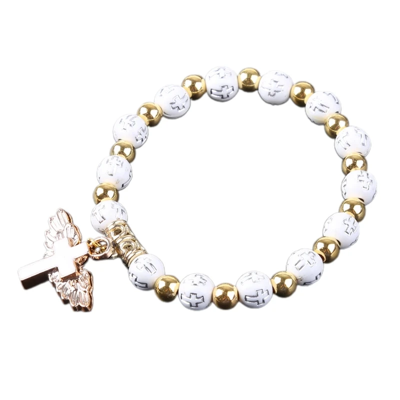 Fashion Elegance Rosary Bead Bracelet Stretch Angel for Cross Religious Jewelry Dropship