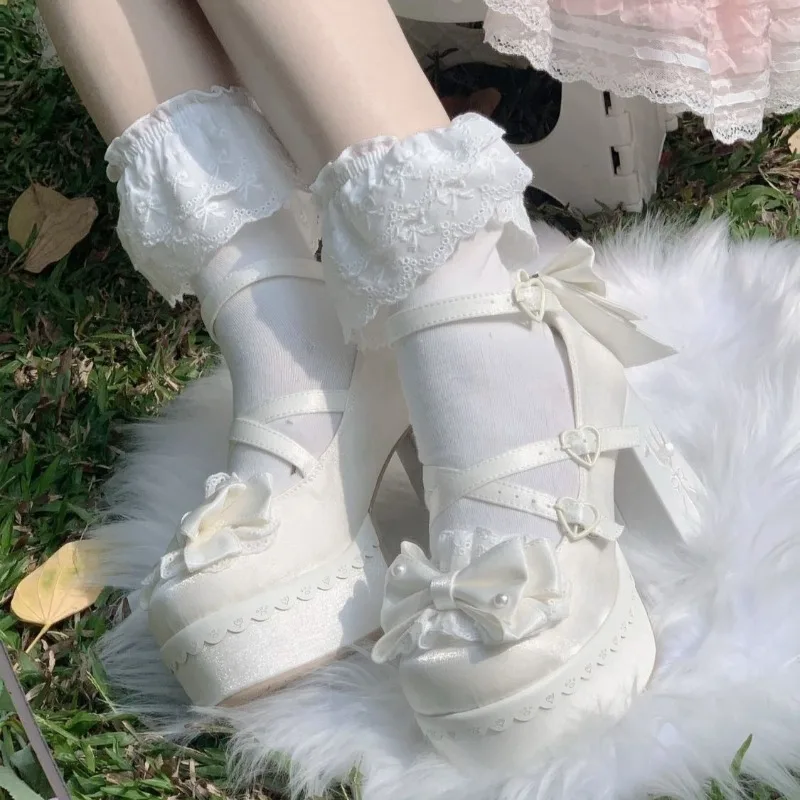 

Sweet Cute Lace Bow Lolita Shoes for Women Designer Wedding Mary Jane Woman's Shoes Elegant Comfortable Women's Pumps and Heels