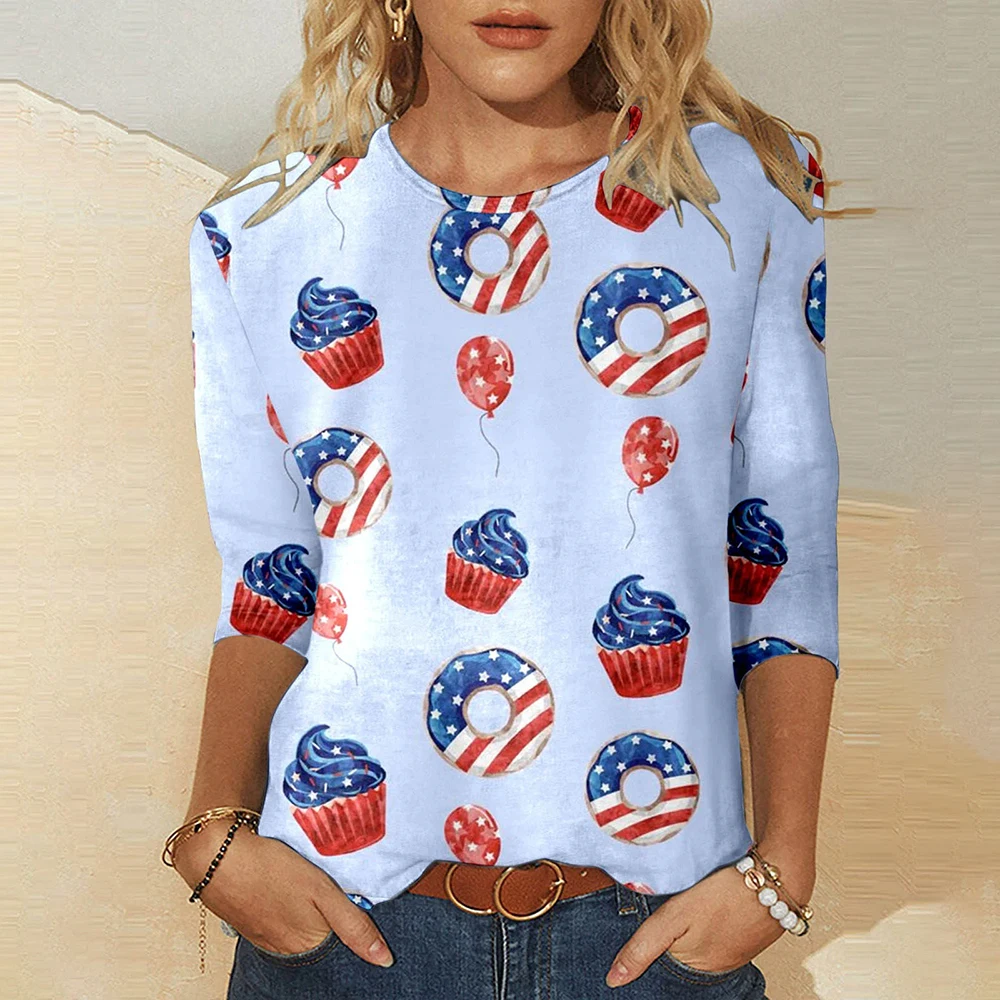 2024 New Women's American Flag Pattern Long Sleeve T-Shirt Designer Trendy Clothing Casual Pullover Round Neck Fashion T-Shirt