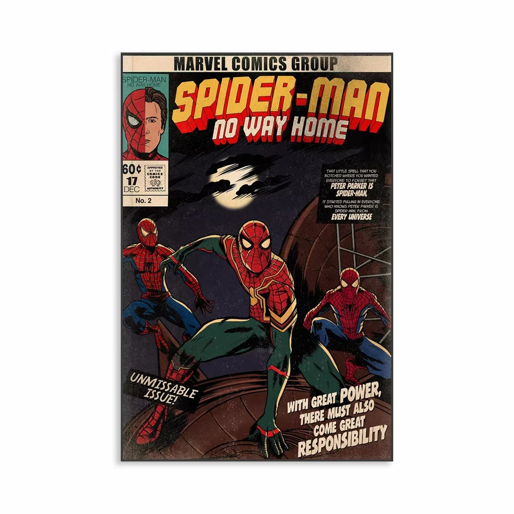 Frameless Marvel Classic Poster Spiderman Prints Avengers Movie Cartoon Vintage Canvas Painting Comic Book Pictures Kid Living R