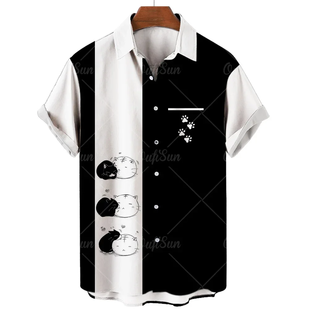 Hawaiian Short Sleeve Beach Men's Shirt Summer Plus Size Print Fashion Elegant Social Breathable Cat Pattern Gothic Clothes