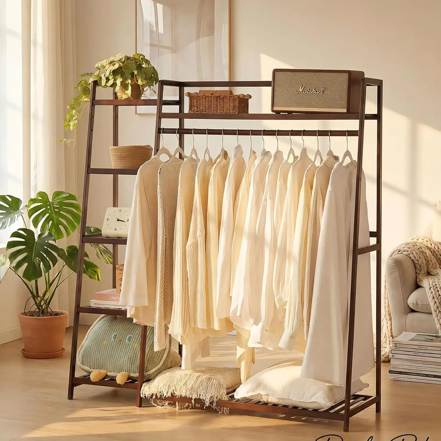 

Bamboo Clothing Garment Rack 7 Tier Storage Shelf Coat Clothes Hanging Rack, Portable Wardrobe Closet Organizer With Top Shel
