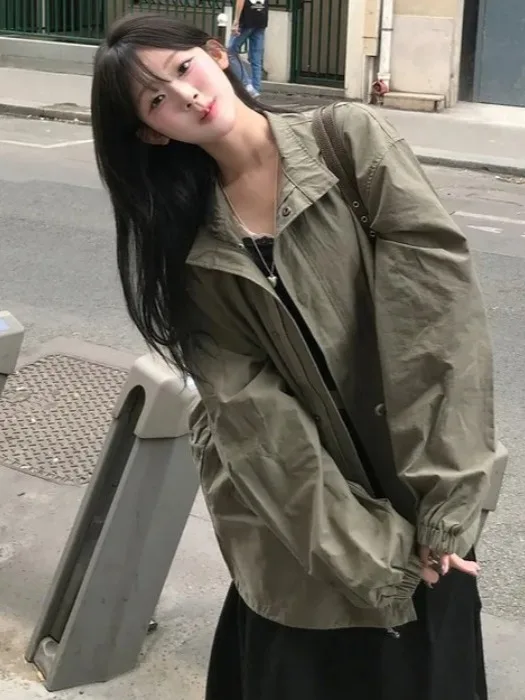 

Autumn Winter Loose Fit Zippered Double ket Women's Coat Ele Long Sve Outerwear Versatile Faionable New Arrival