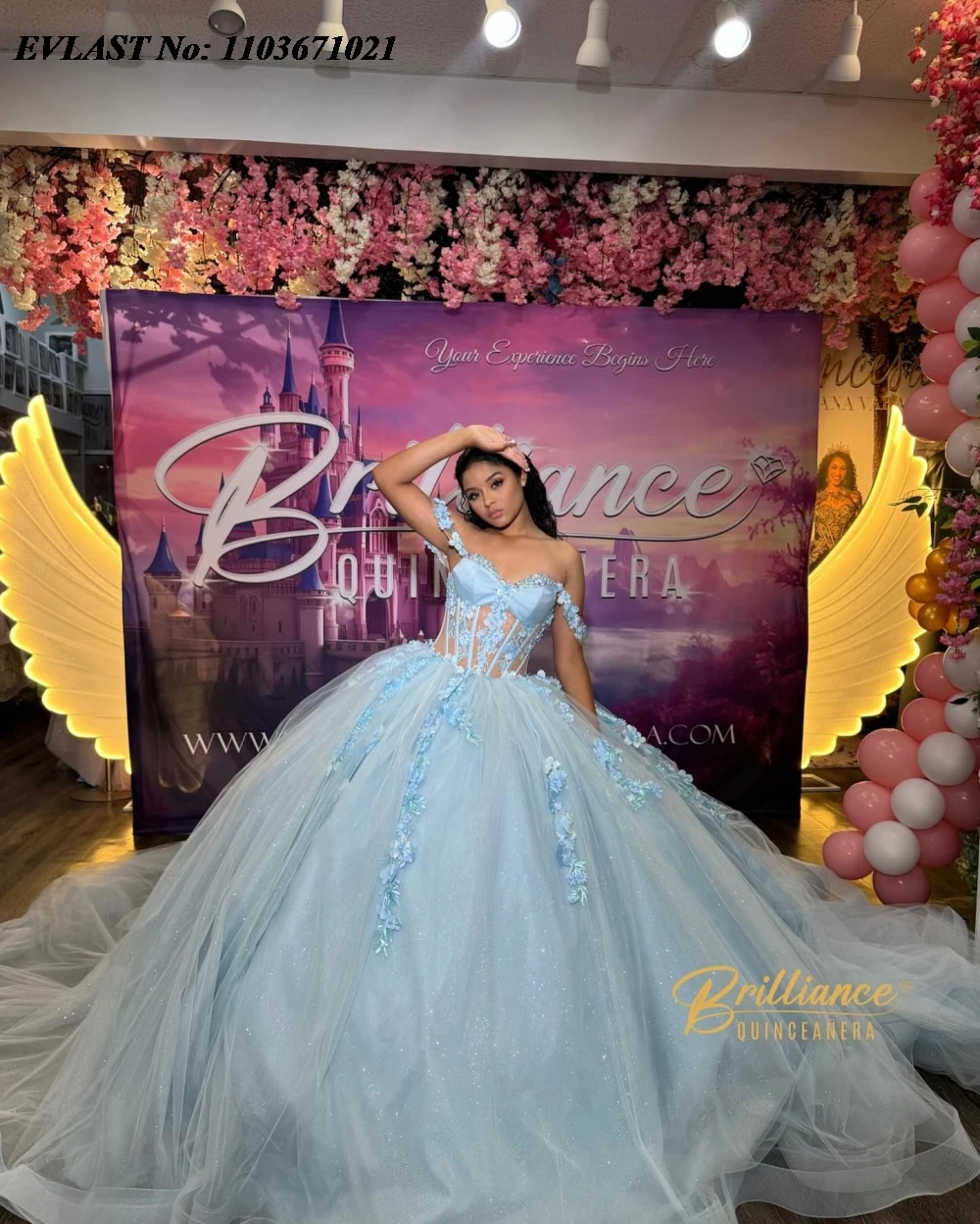 EVLAST Glitter Sky Blue Quinnceanera Dress Ball Gown 3D Floral Lace Applique Beading Corset Sweet 16 Vestidos De 15 Anos SQ576