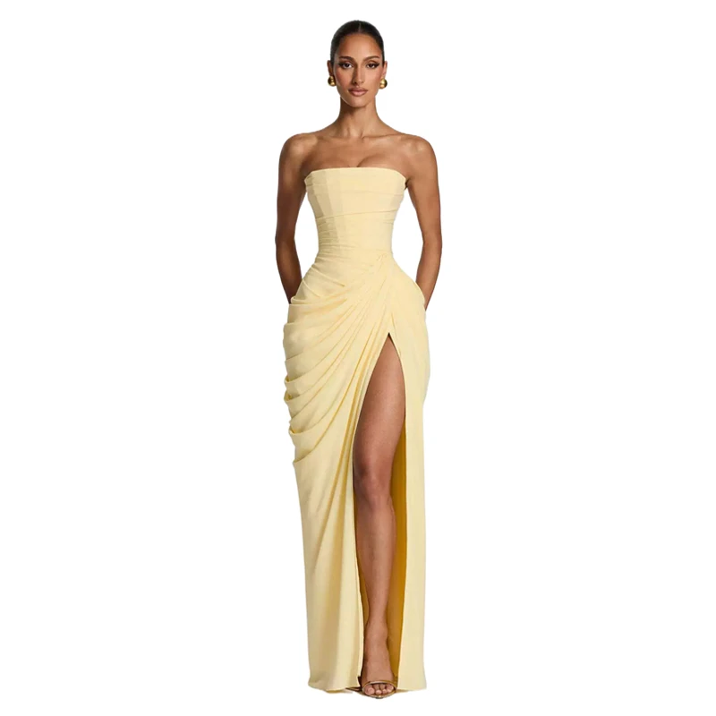 Damen trägerloses asymmetrisches Maxikleid mit Rüschen, Bandage-Taille, langes Abendkleid, sexy französischer Stil, für Abendpartys, Strandurlaub, Sommeroutfit – Detail 1