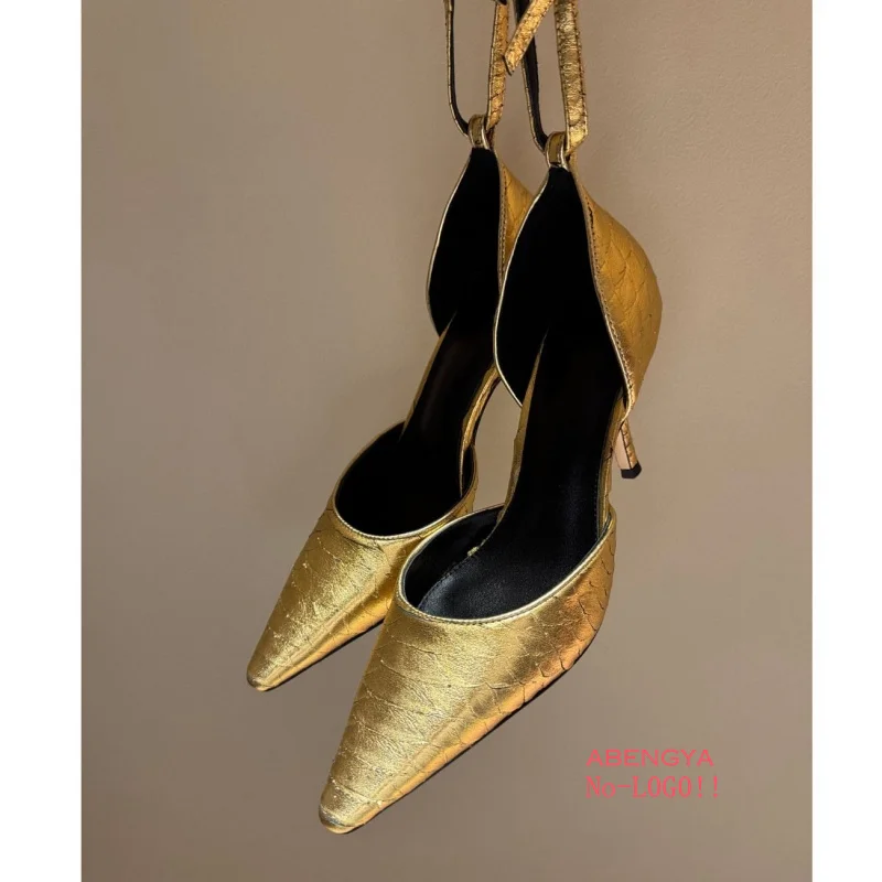 

2025 Spring Leather High Heel Shoes Woman Pointy Toe Ankle Strap Mules Dress Shoes Designer Sexy Party Banquet Shoes For Women