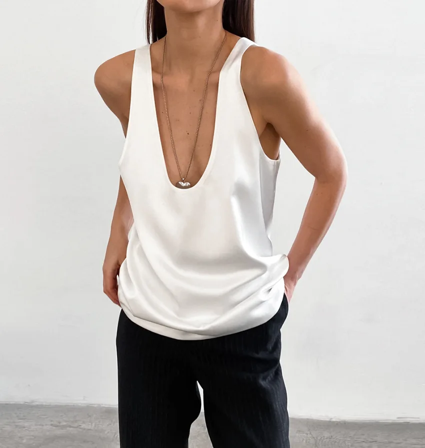 Modisches Damen-Pendler-Tanktop Einfarbiges Satin Ärmelloses Casual-Top Sexy Sommer Damen U-Ausschnitt Sexy Weste Top Streetwear