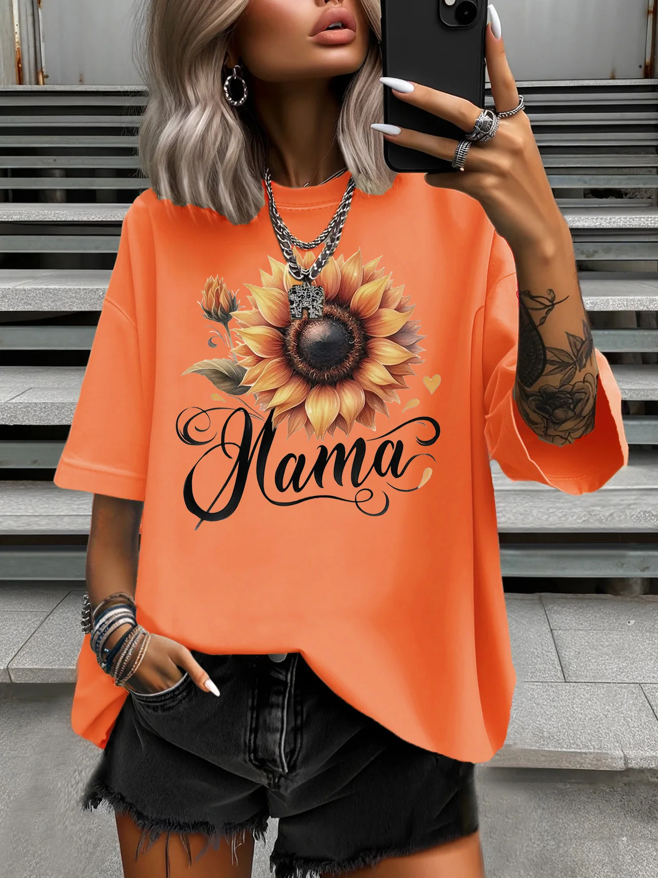 Camiseta de talla grande de verano para mujer, diseño Original, estampado de letras de girasol, Tops informales de manga corta con cuello redondo para mujer