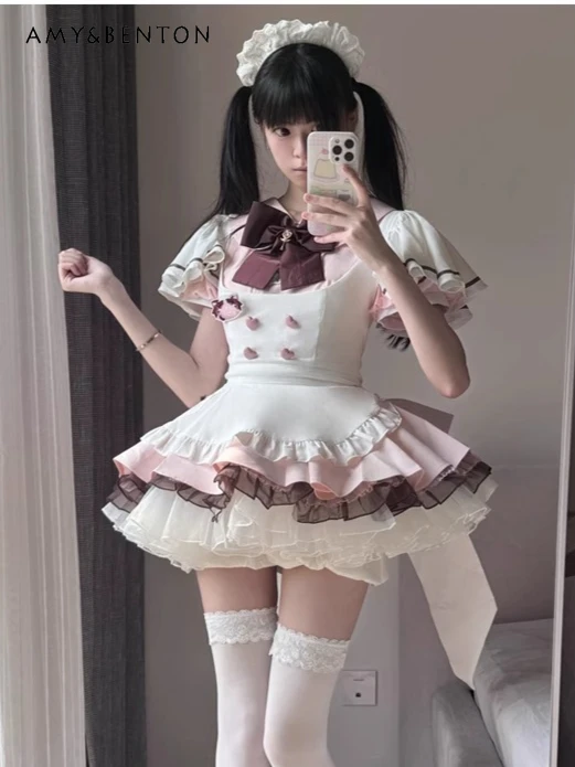 

Sweetheart Lolita Maid Outfit Japanese Cute Doll Face Dress Heart Rhinestone Bow Short Sleeve Tutu Dress Apron Two-piece Set